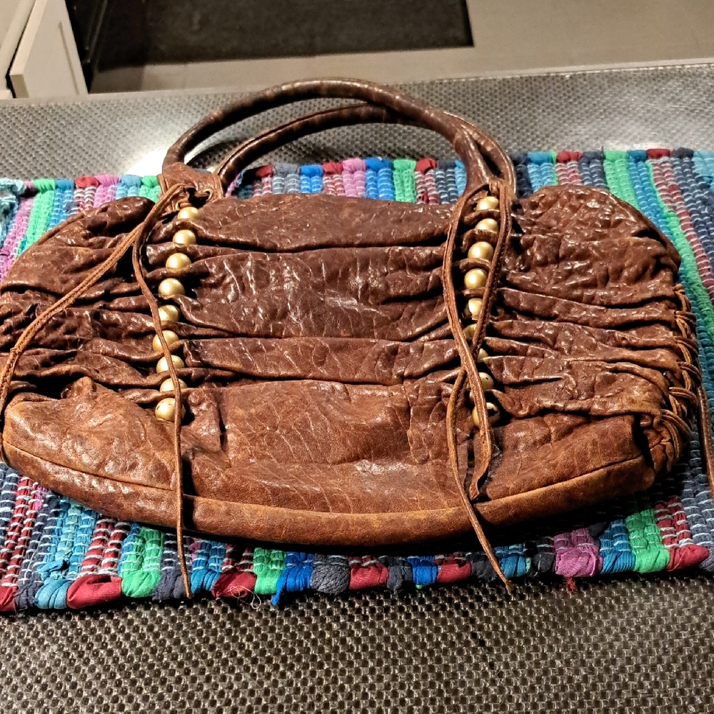 Chic Brown Distressed Leather Shoulder Bag with Gold Details